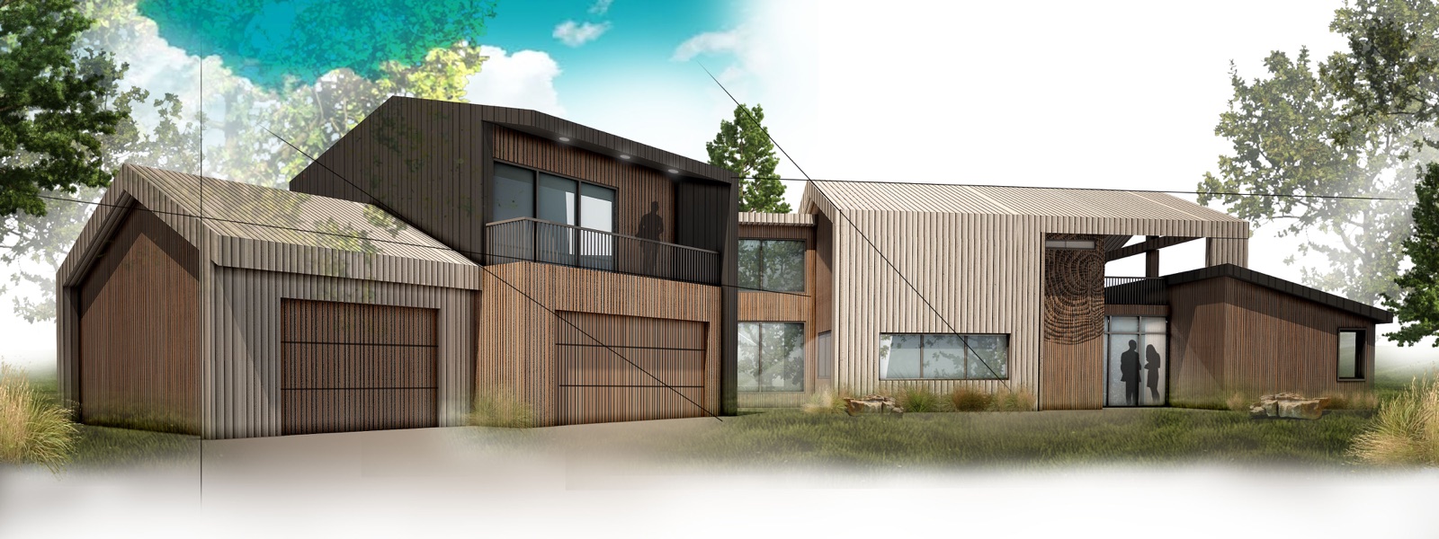 Wide architectural concept rendering for a contemporary Montana residence
