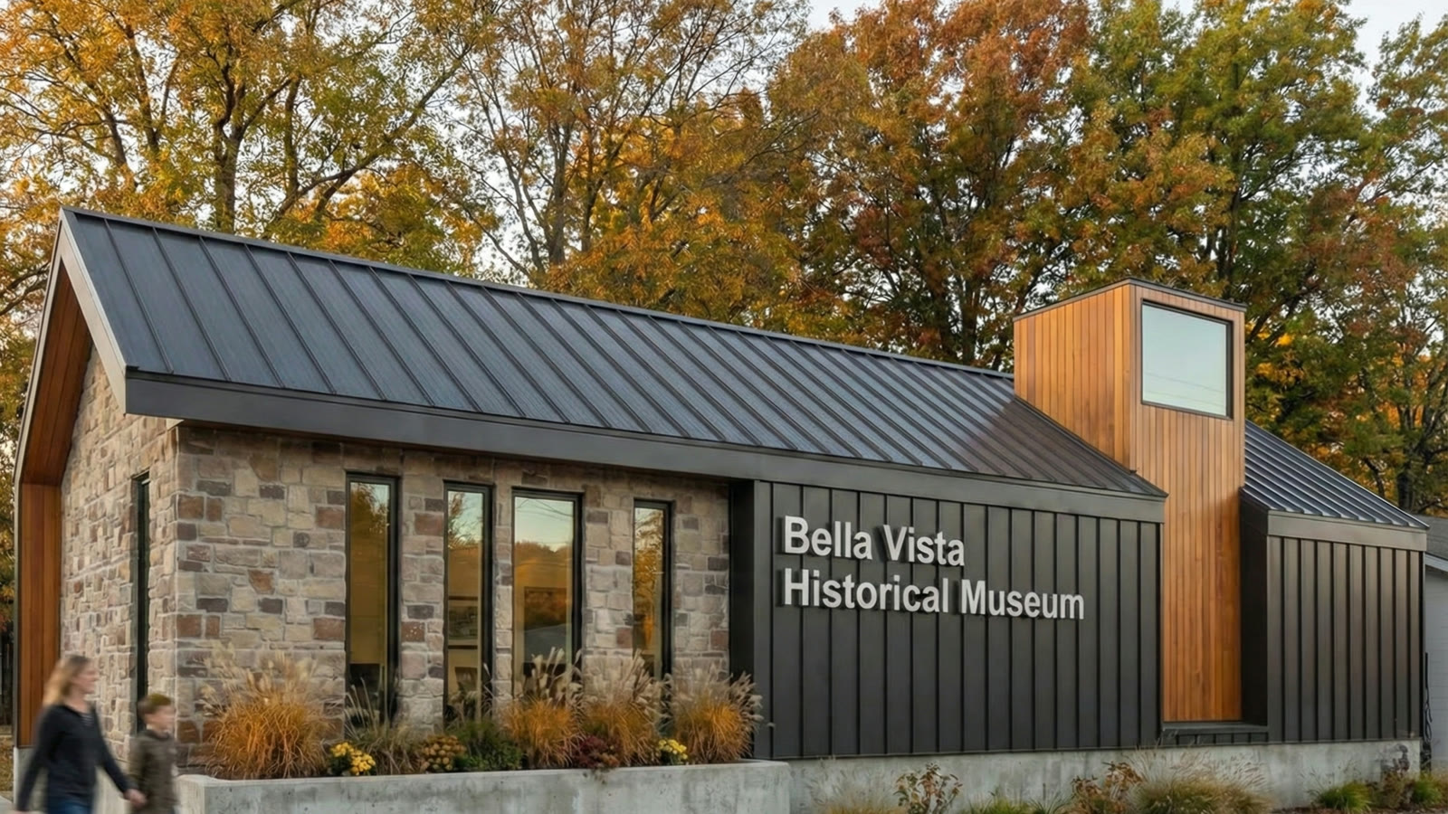 Bella Vista Historical Museum addition with stone, dark metal, and wood cladding