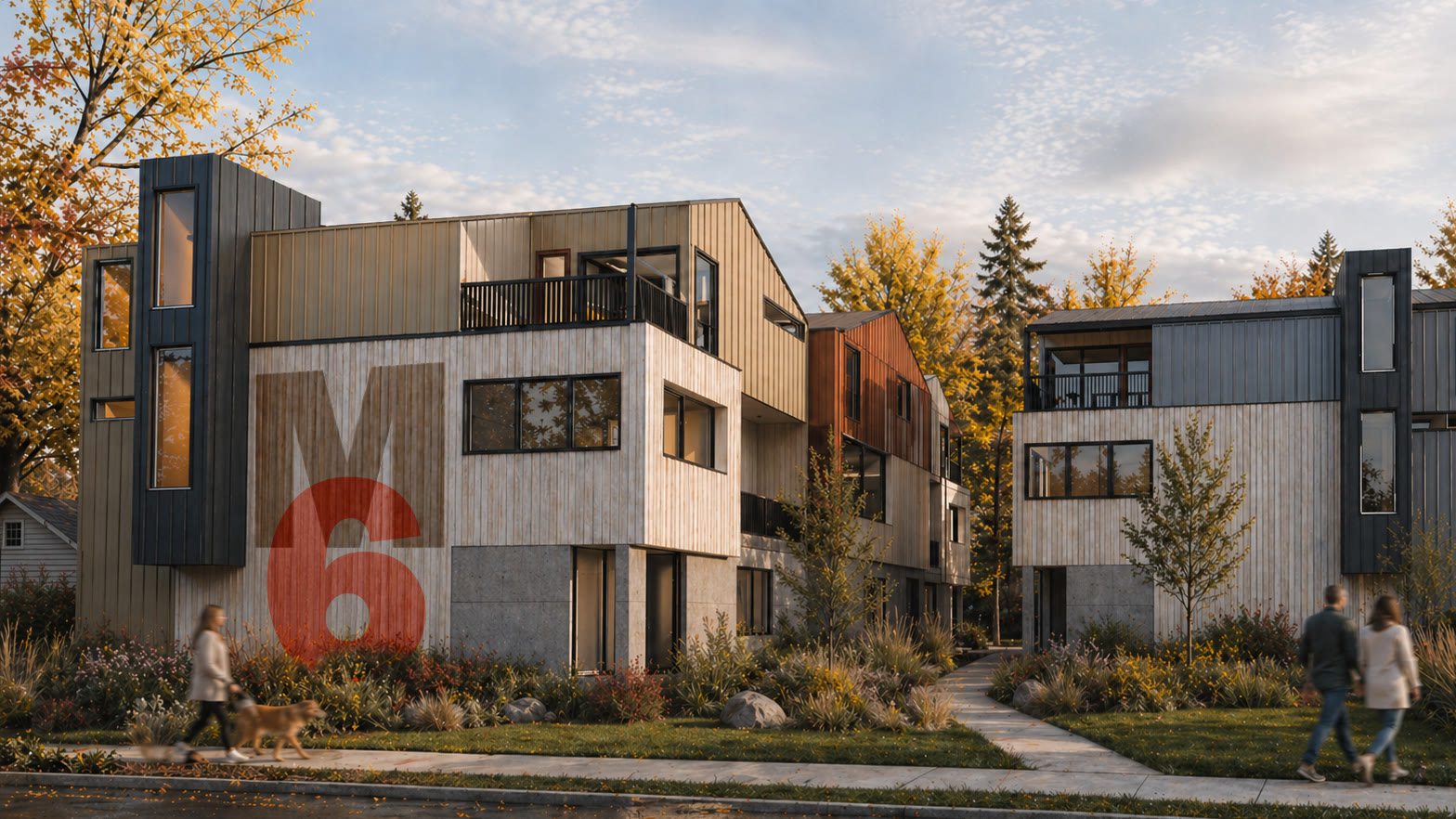 Contemporary multi-family buildings arranged around a landscaped pedestrian court