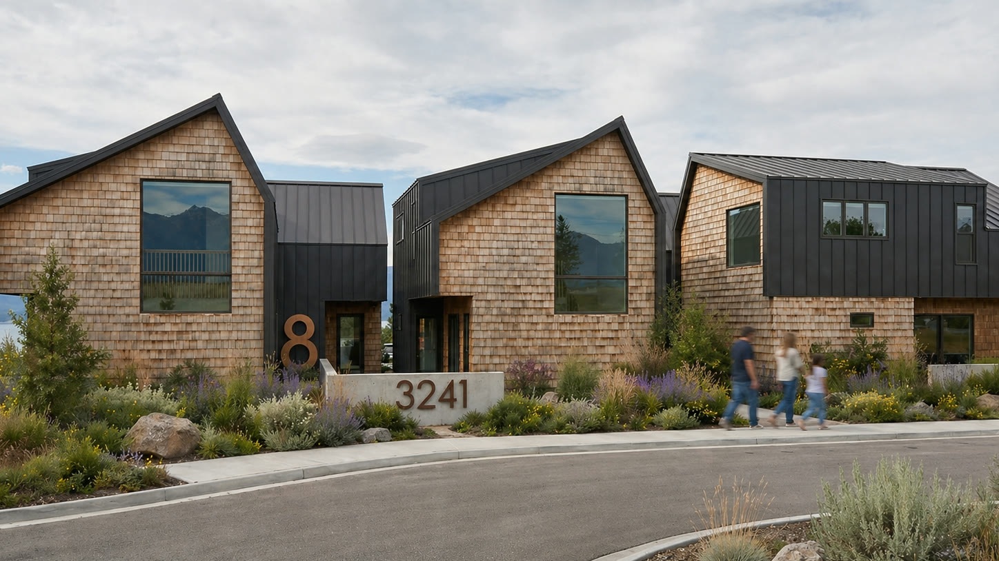 Three contemporary hospitality cabins with cedar shingles and mountain views