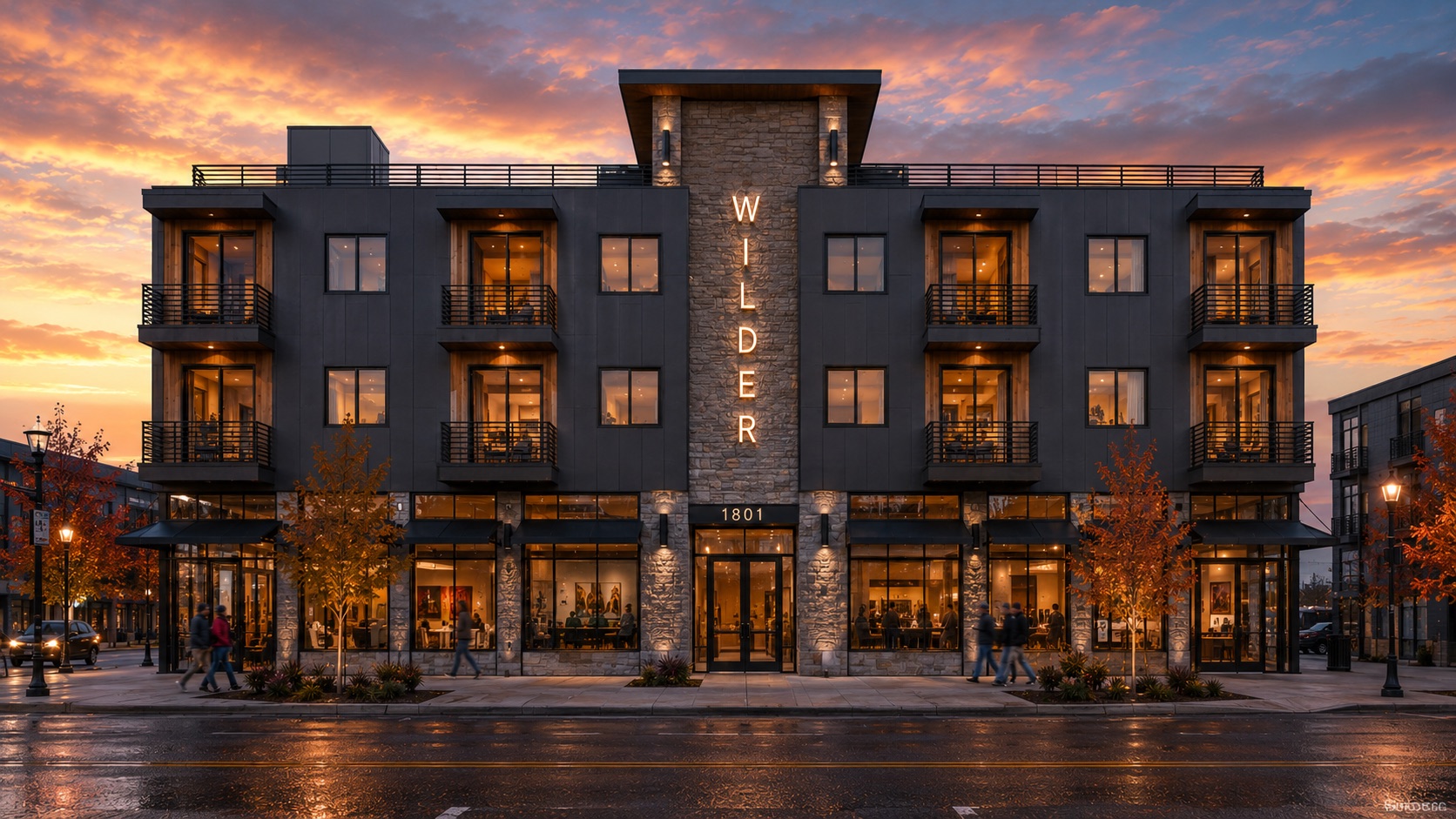 Architectural rendering of The Wilder mixed-use building at sunset